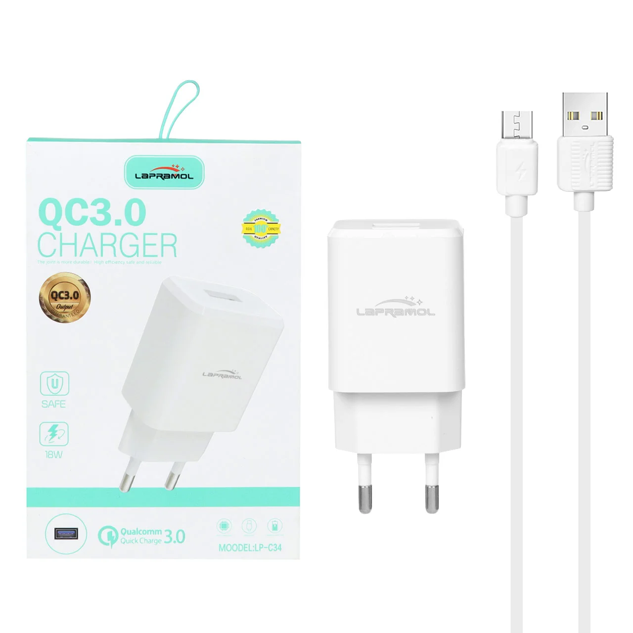 شارژر دیواری 18W فست تک پورت لاپرامول مدل LP-C34 به همراه کابل شارژ اندروید